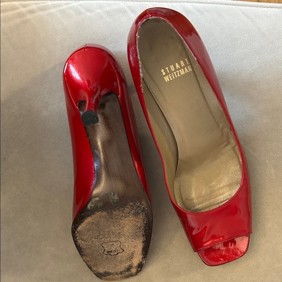 Stuart Weitzman Red Patent Leather Open Toe Heels - Picture 3 of 3